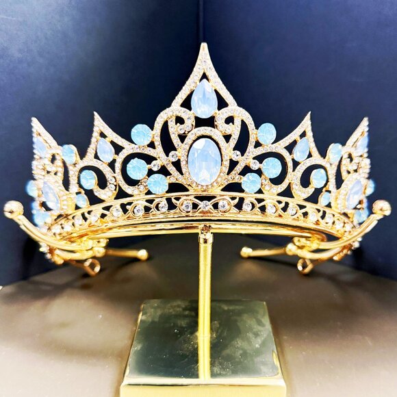 Gold Tiara and Crown for Women, Crystal Queen Crown, Baby Blue Princess Tiara - Picture 5 of 5